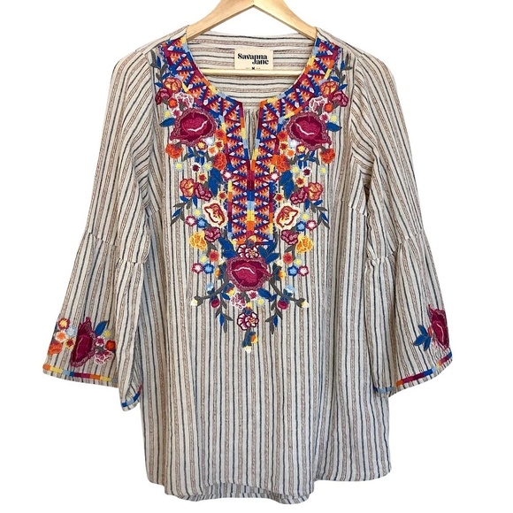 Savannah Jane Tops - SAVANNAH JANE Embroidered Bell Sleeve Striped Top